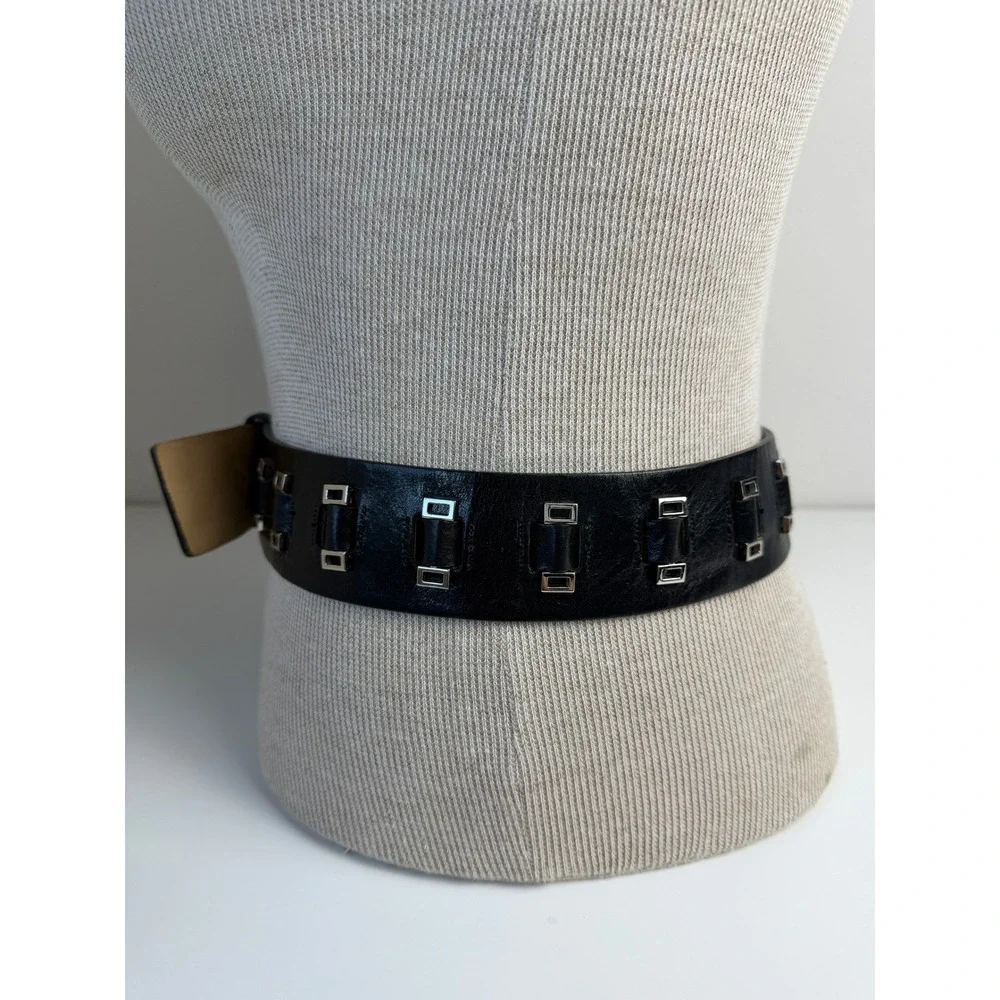 DKNY Womens Leather Wide Belt XL Black Silver Hardware Studded Statement 40